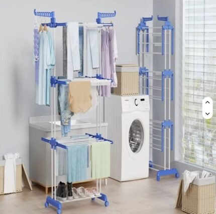 📌Tendedero de ropa de metal plegable en forma de ala de 4 niveles con ruedas, organizador funcional para espacio de baño